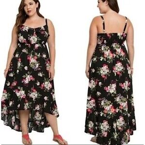 Torrid Floral Challis Print Plus Size High Low Maxi Sun Dress, Black - Size 0